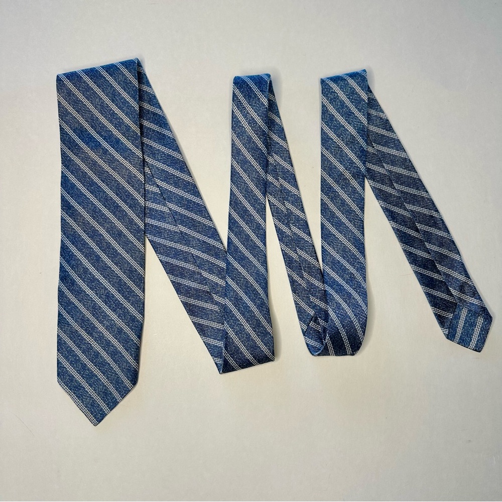 Red Fleece BROOKS BROTHERS Untipped Denim Blue White Striped Slim Silk Tie 2.25” - Picture 2 of 7